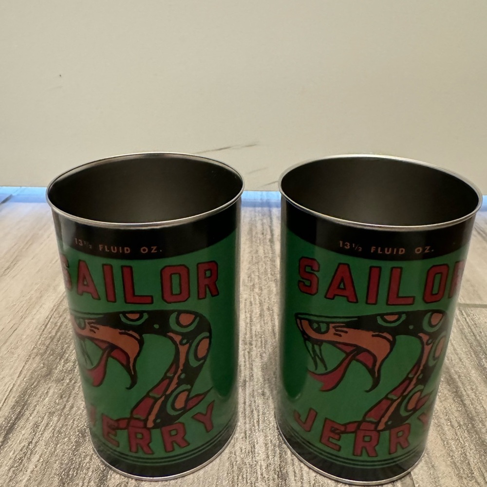 Sailor Jerry spiced rum drinking tins. A set of 6.